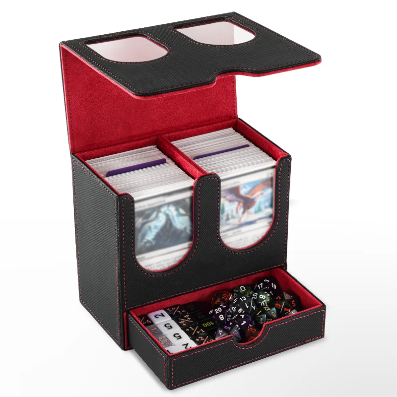 Card Deck Box with Display Window, Holds 200 Double‑Sleeved Cards & Dice Tray, Magnetic Closure PU Leather Card for TCG Cards