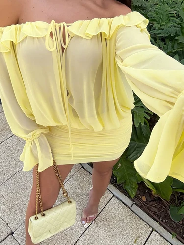 Imagen 2 del producto Sisterlinda-vestido elegante fruncido para mujer, vestido Sexy con volantes huecos, fruncido, cuello oblicuo, espalda descubierta, manga abombada, moda urbana, Mini ceñido