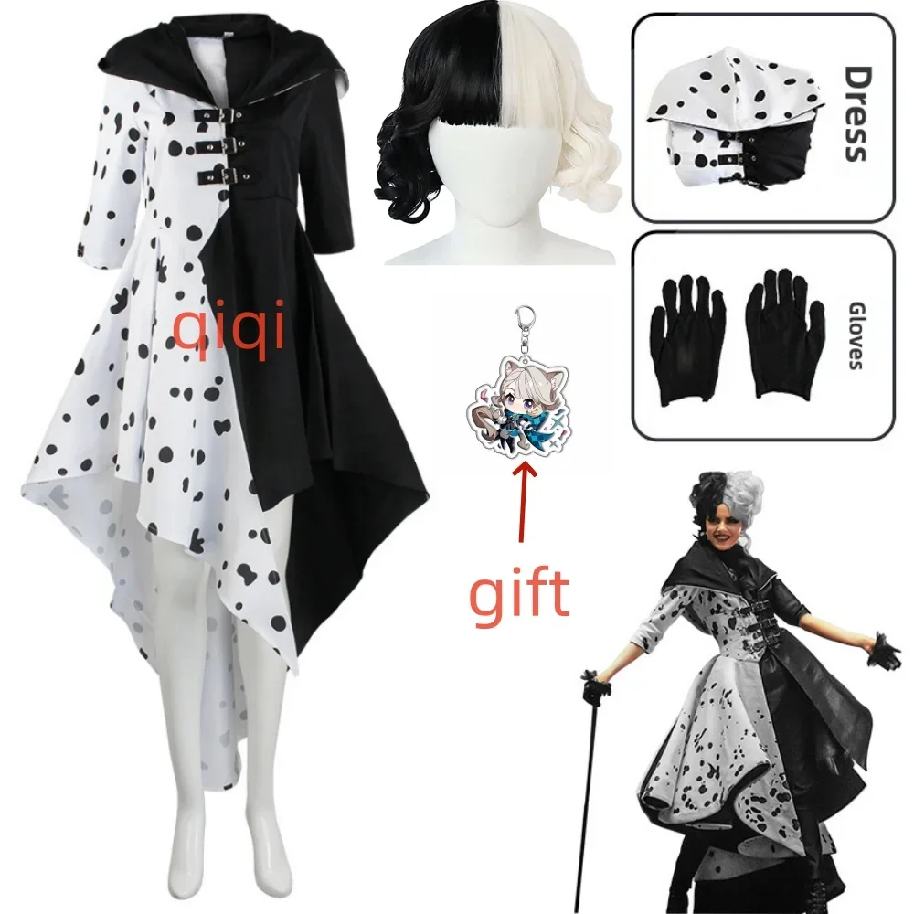 

Anime Cruella Cosplay Costume Dress Halloween Outfit Cloak Carnival Suit Cruella De Vil Costume Dogs Cos For Adult Women