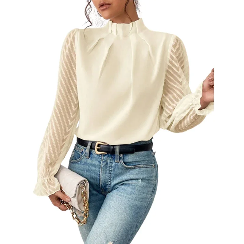 

Elegant Half-turtleneck Pullover Solid Color Chiffon Shirt Women's Wave Print Ruffle Long Sleeve Blouse Ladies Casual Loose Tops