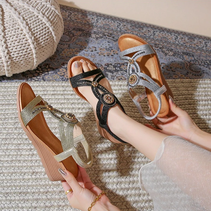 

Bohemian new fashion rhinestone sandals thick wedge heel women's shoes casual fashion seaside beach sandals