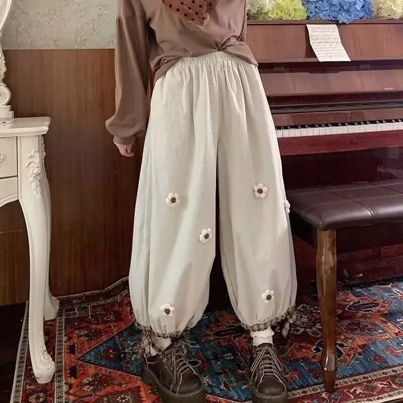 

Korean Flower Corduroy Wide Leg Casual Pants Women Y2k Pants Harajuku Vintage Cute Loose Trousers Girls Sweatpants Kawaii Pants