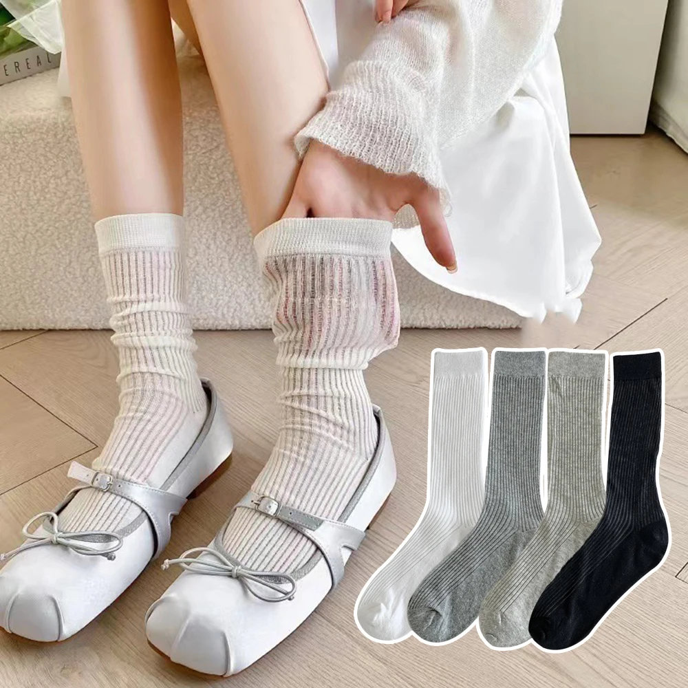 Woman's Socks Solid Color Fashion Hollow Out Thin Breathable Mid Socks Ballet JK Cotton Preppy Style Versatile Loose Socks
