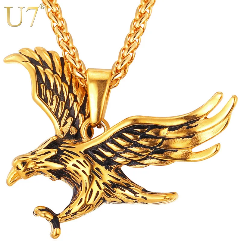 

U7 Eagle Necklace Gold Color Stainless Steel Hawk Animal Charm Pendant Link Chain Statement HIip Hop Daily Jewelry