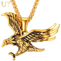 U7 Eagle Necklace Gold Color Stainless Steel Hawk Animal Charm Pendant Link Chain Statement HIip Hop Daily Jewelry