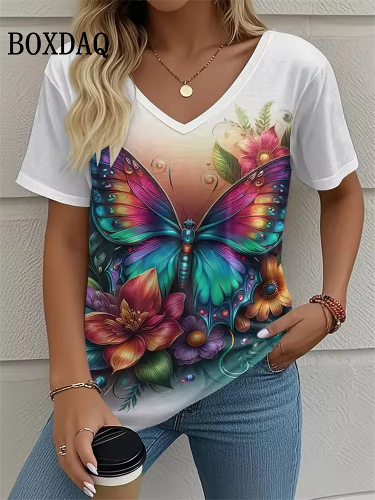 Casual V-Neck Women's T-shirt Summer Outdoor Fashion Short Sleeve Tops Floral Print Butterfly Pattern Plus Size Women's Clothing