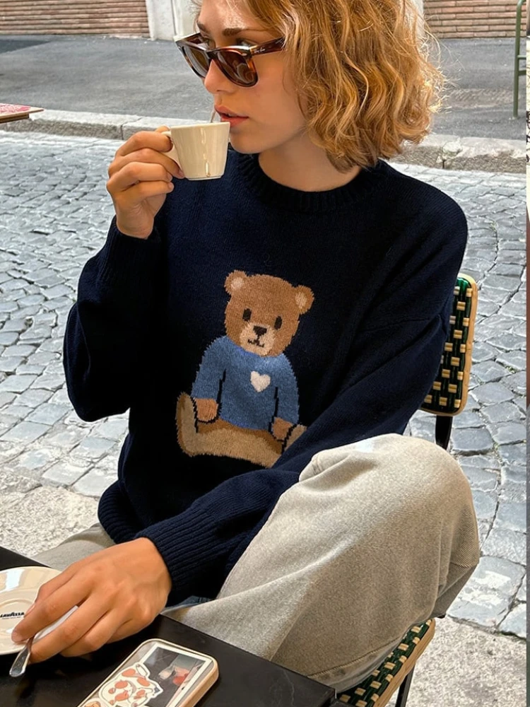 New Fall/Winter Pullover Women's Sweater O-Neck Bear Embroidery Stylish Casual Loose Knit Women's Lauren Sweater Jacket