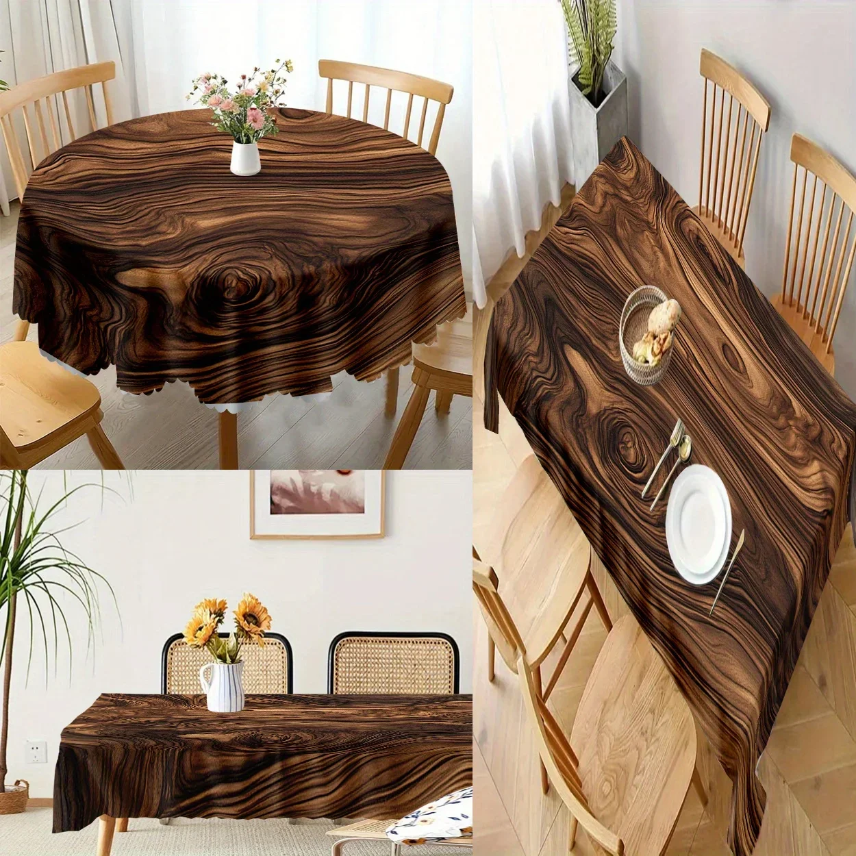 One realistic wood-grain tablecloth - durable polyester, wrinkle-free, dark brown color