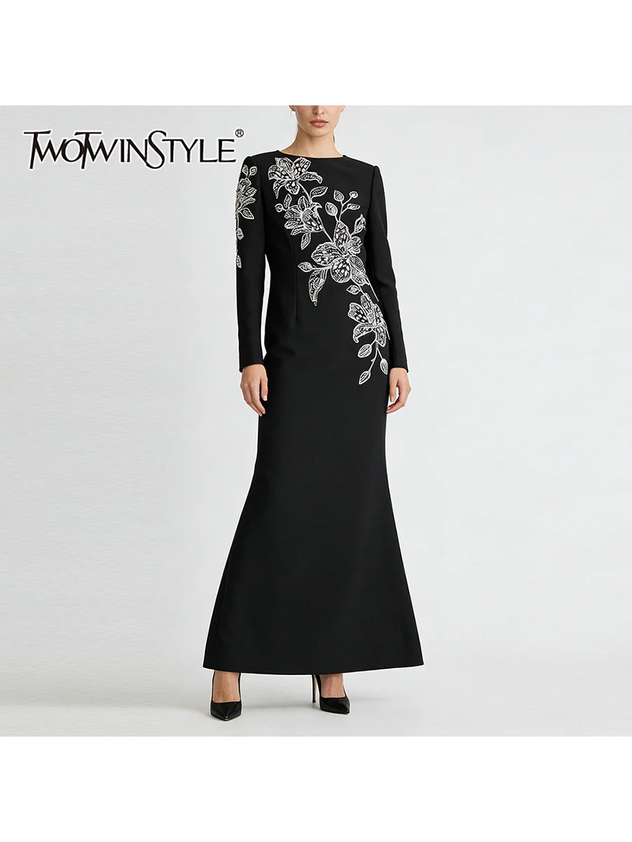 

TWOTWINSTYLE Elegant Spliced Beading Fashion Dresses for Women Round Neck Long Sleeves Tunic Temperament Dress Female Clothing
