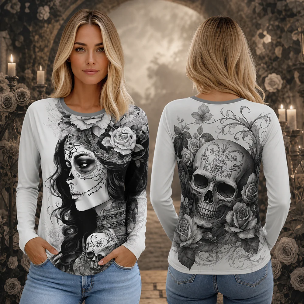 Unisex Gothic Vintage Catrina Skull Rose Retro Tee Mexican Day of the Dead Long Sleeve Breathable Parent-Child Top for Family