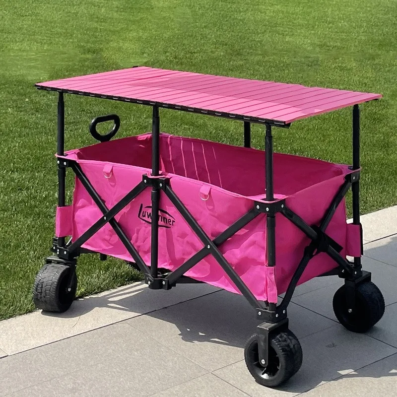 

Double-bottomed campers gather, lift and fold campers, set up stalls, walk babies and pull goods