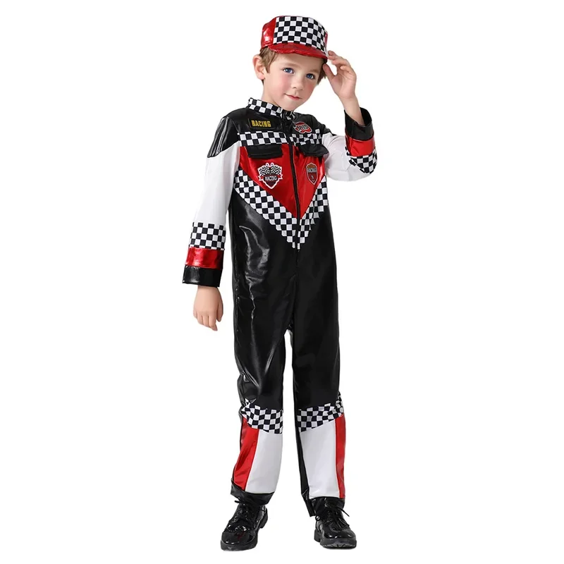 Costumi da pilota per auto da corsa per bambini carnevale ragazzi ragazze tuta da corsa con berretto da auto occhiali da sole bambini Costume di Halloween Cool Streewear