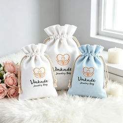 50Pcs Reusable Custom Cotton Drawstring Bags for Jewelry Custom Logo Muslin Canvas Earrings Rings Brooch Key Gift Packaging Bag
