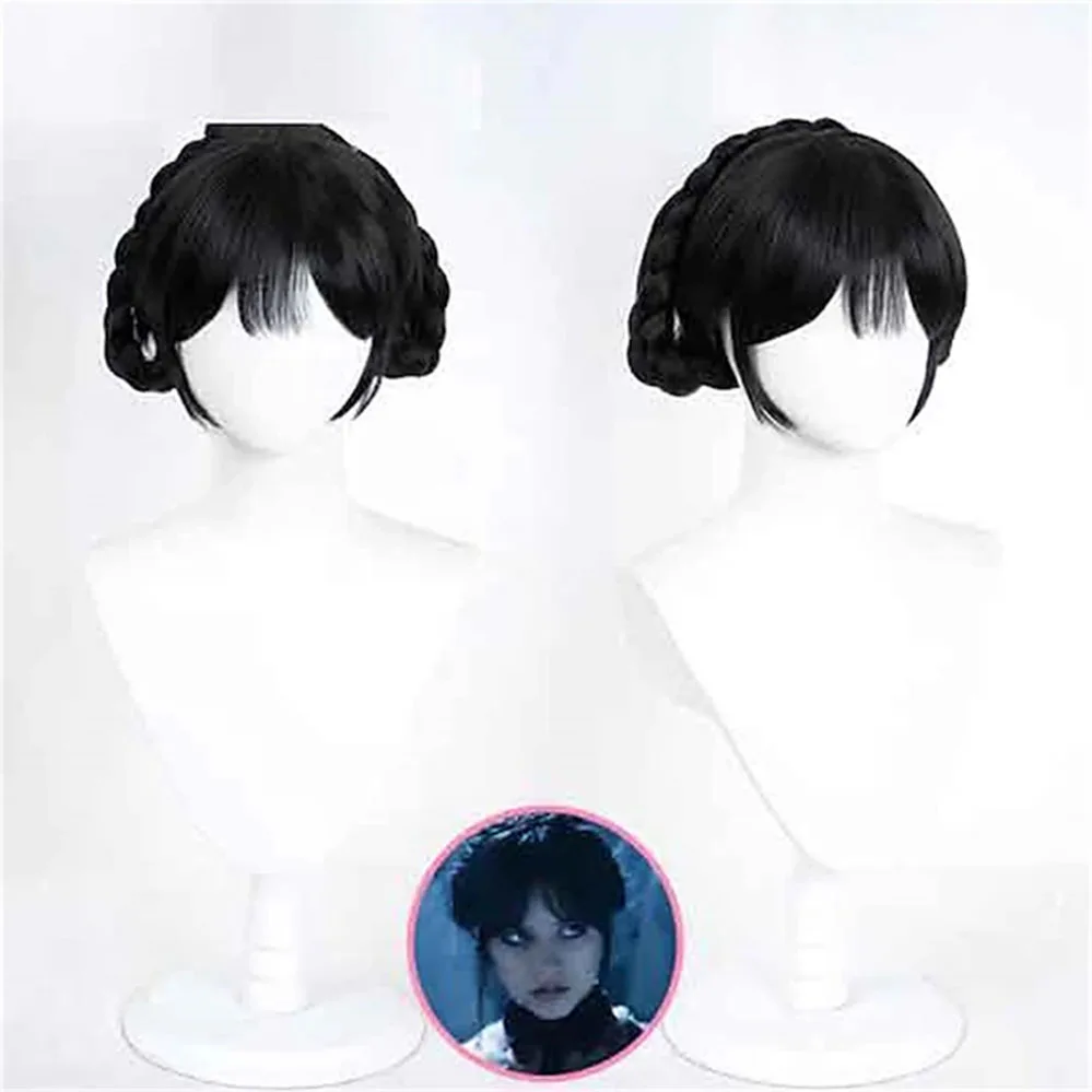 Short Black Wigs for Women Wednesday Addams Black Hair Wig Natural Cute Wigs for Daily Party Halloween +Wig Cap