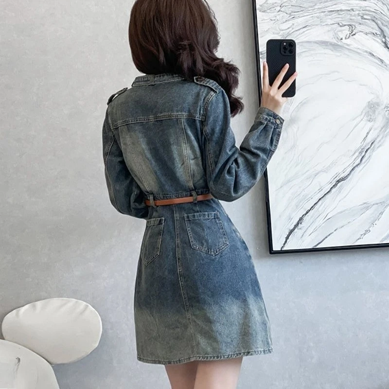 Frühling Neue Denim Kleid Langarm Retro Kurzen Rock EIN Wort Französisch Casual Hemd Kragen Rock Einfache Pendeln Koreanische Version