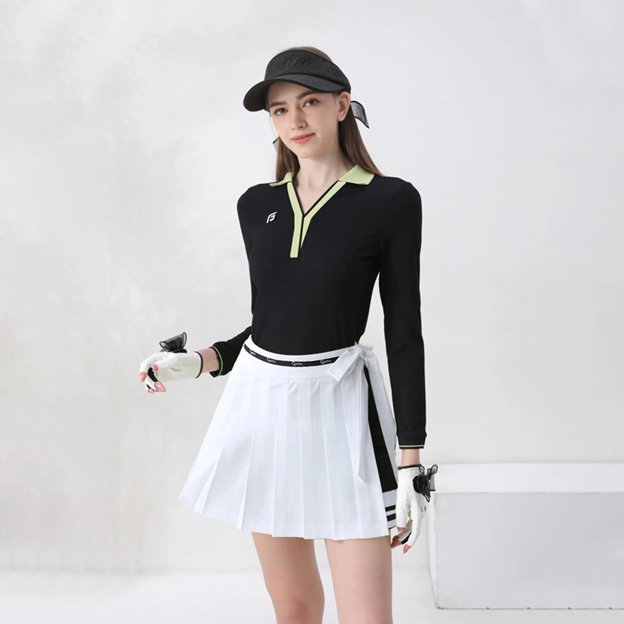 Ropa de golfista para mujer, camiseta de manga larga con cuello en V, Tops ajustados, faldas de golf plisadas con lazo, faldas pantalón de moda con pantalones cortos