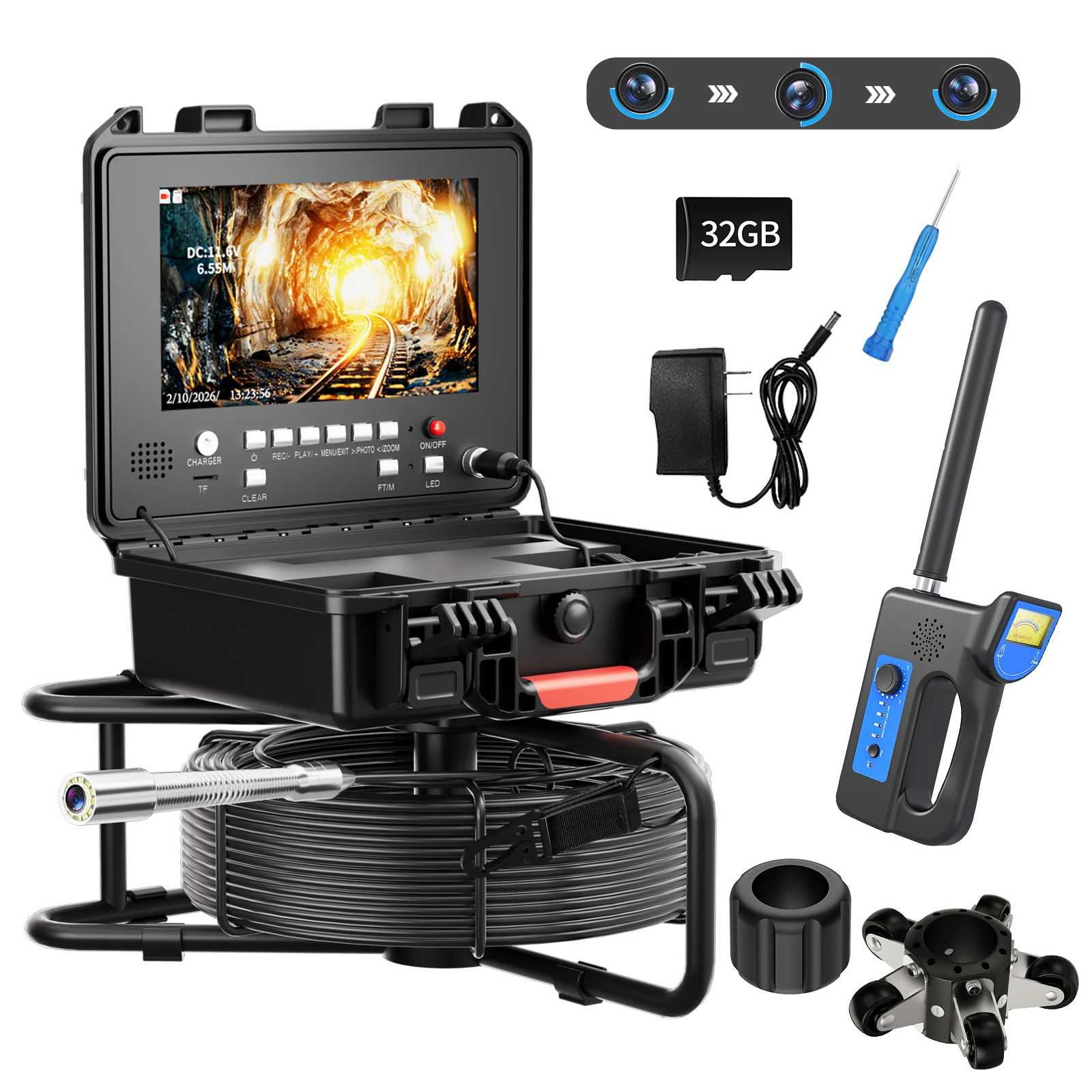 

Sewer Pipe Inspection Camera 512HZ Self-Leveling With Locator Meter Counter 10" IPS 5MM Fiberglass Cable Borescope Camera
