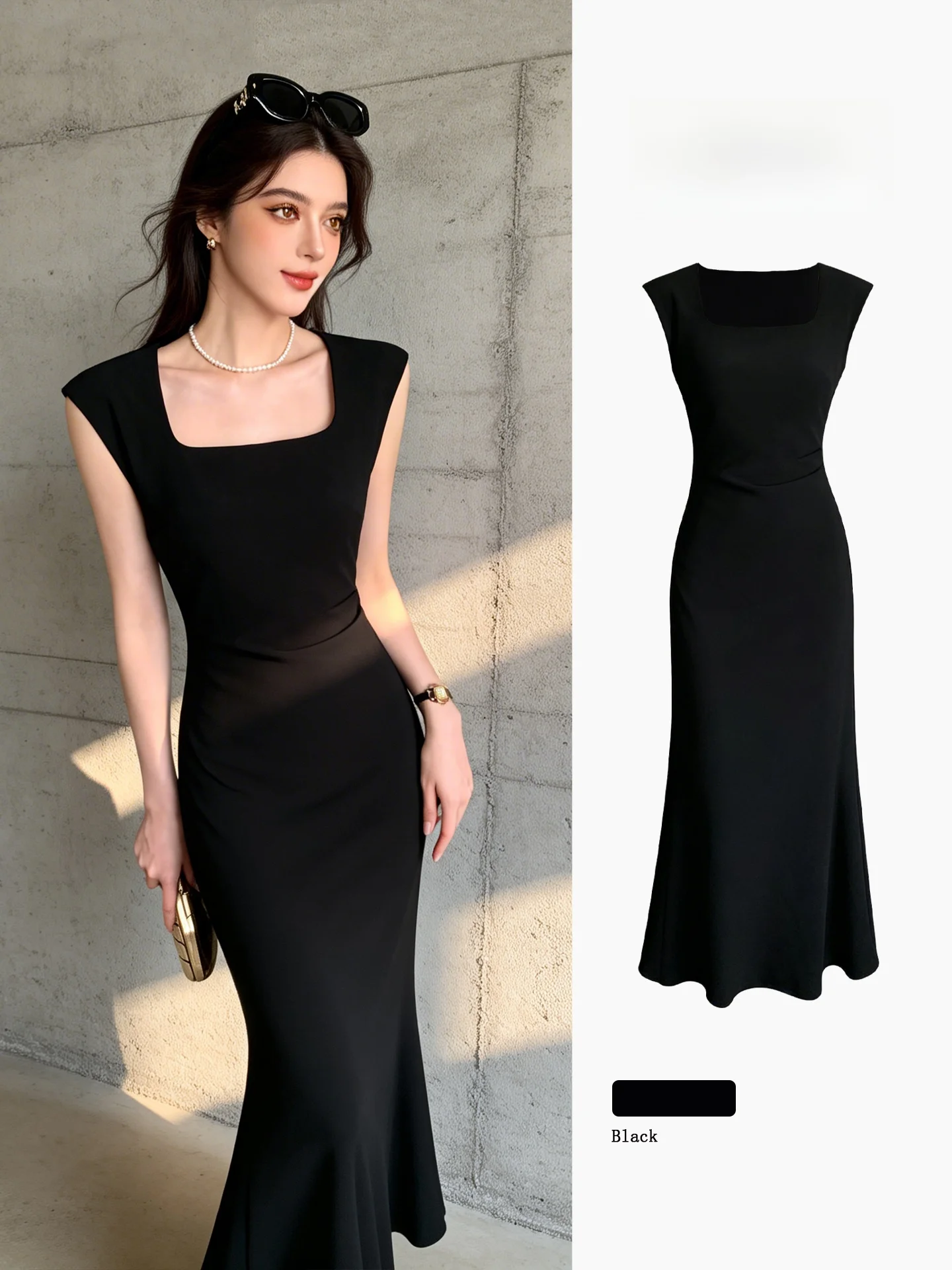 

Black Square Collar Sleeveless Pleated Waist Cinched Dress Women's Summer 2026 Elegant A-Line Dress Hepburn Style Polyes...