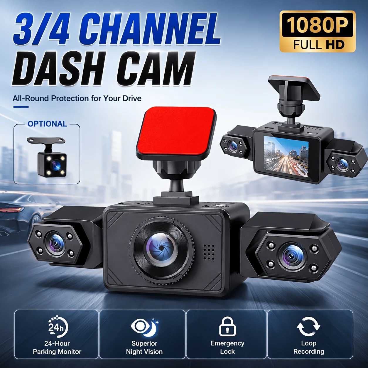 Dash Cam 3 Channel 1080P - Cámara de tablero de 3/4 canales