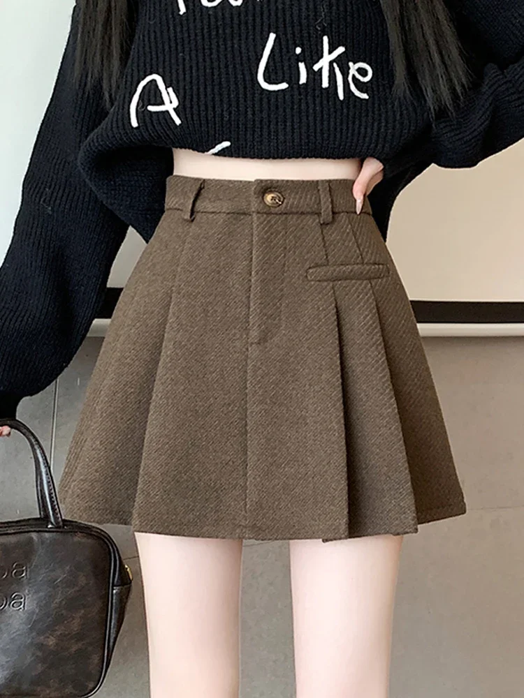 Thickened Coffee Color Woolen Suit Skirt Women's Autumn and Winter Small Anti-exposure High Waist Slimming A Word Pleated ZL810