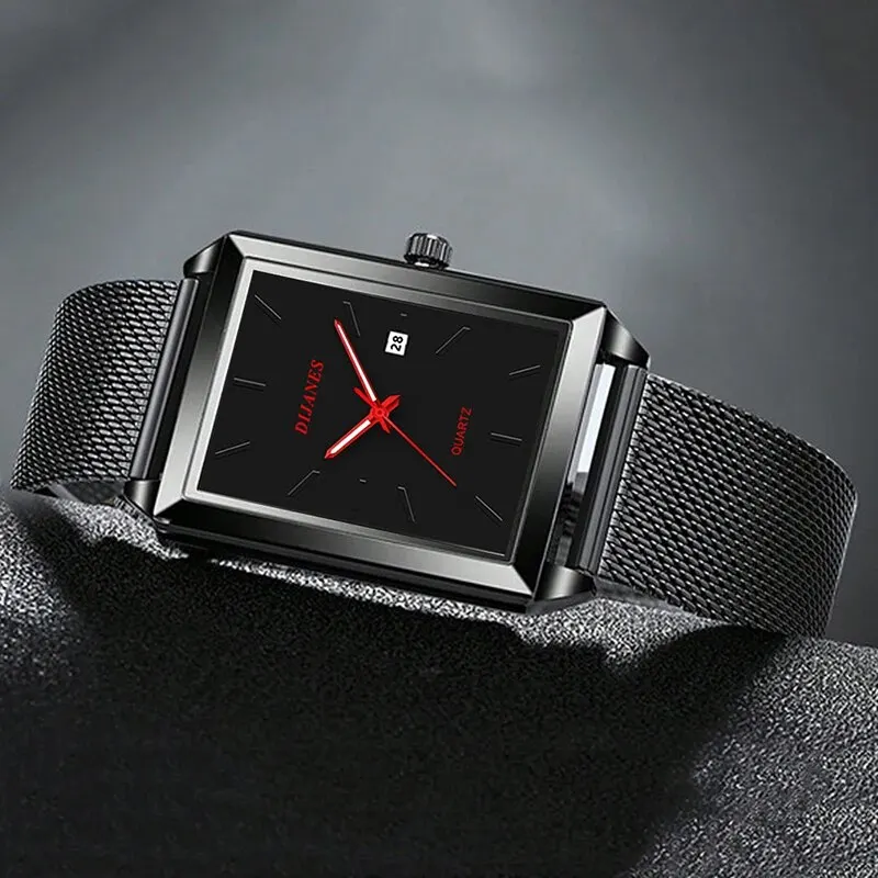 Mens Fashion Watches Men Business Casual Quartz Wrist Watch Luxury Black Square Stainless Steel Mesh Belt Watch