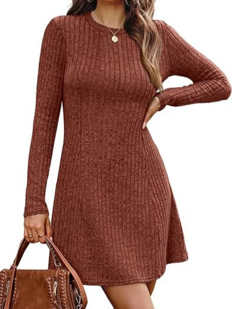 2026 New Autumn Winter Women Ribbed Brushed Midi Dress Long Sleeve Knit Sweater Dress Waist Slim Elegant Ladies Casual Outfit