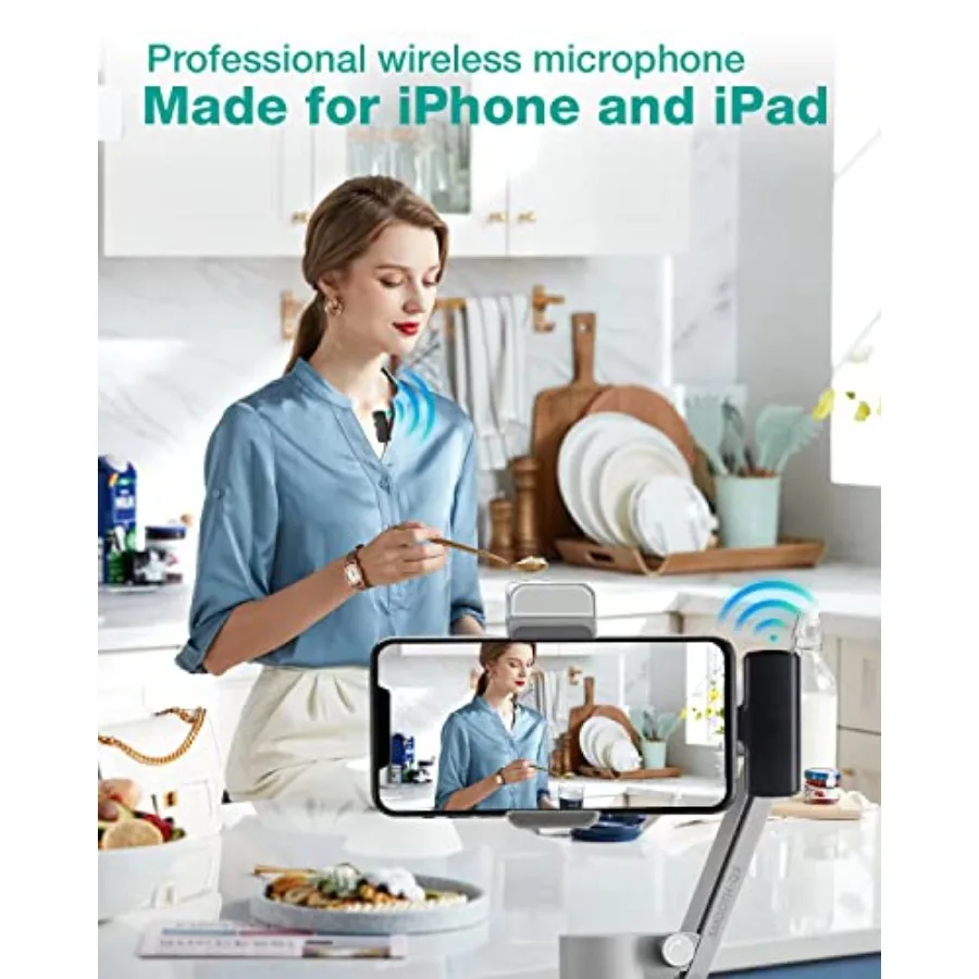 ميكروفون لاسلكي من Lavalier مزود بخاصية إلغاء الضوضاء مع ميكروفون صغيرتين لهاتف iPhone iPad YouTube Facebook وTikTok