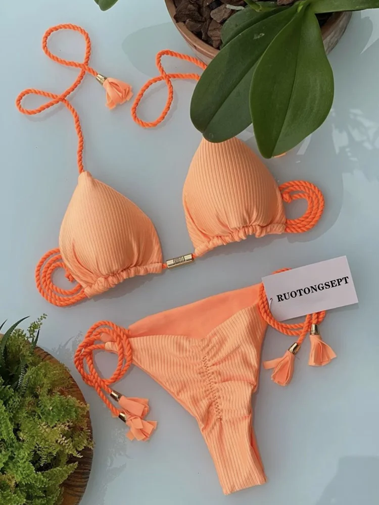 Sunshine Beach Reizen 2023 Bikini Nieuwe Speciale Stof Effen Kleur Gevlochten Badpak Multicolor Bikini Bikini Set Sexy Pak