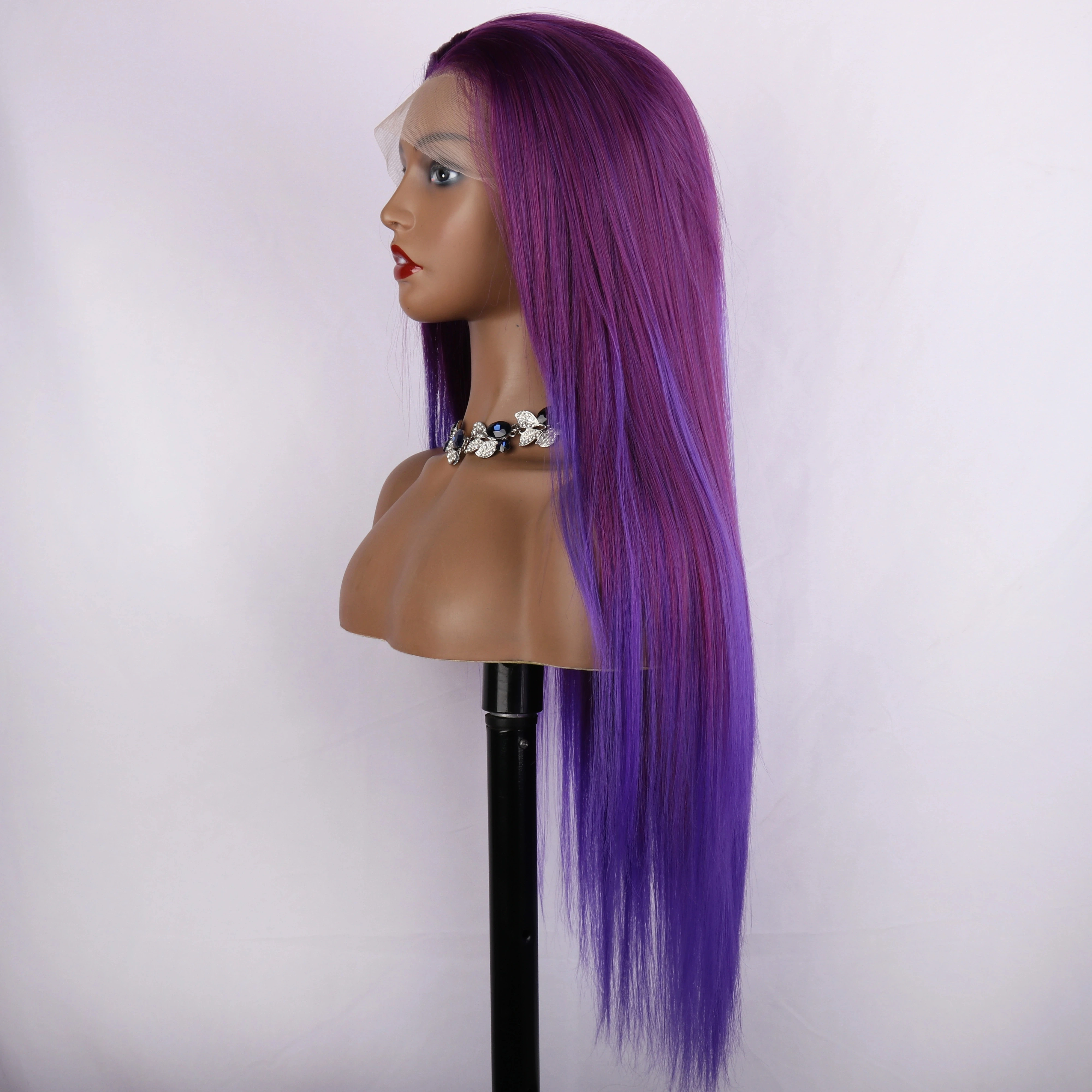 Super Long 28 Inch silky Straight Wig Synthetic 13x3 Lace Front Purple ombre light Colorful Transparent Lace For Black Women