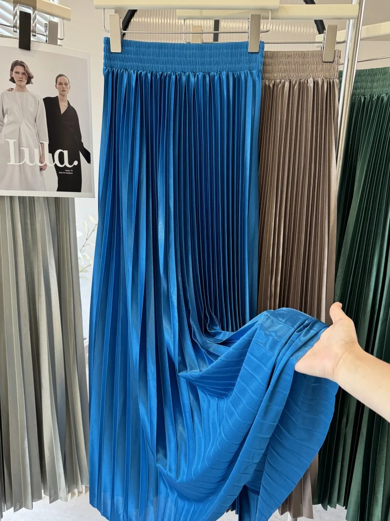 iny Satin-Plissee-A-Linien-Rock für Damen, Frühling und Herbst, schlankmachendes langes F-Länge-Kleid, Dra Ele Pendeln, Freizeitkleidung