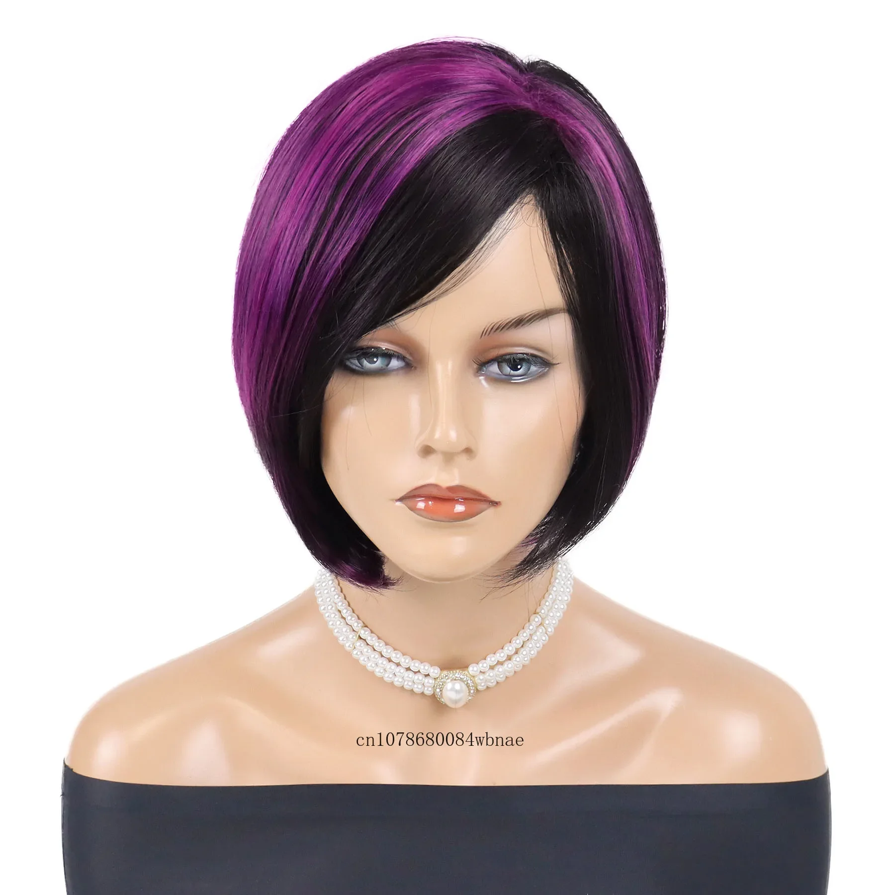 Black Mix Purple Wig Synthetic Short Bob Wigs with Bangs for Women Girls Lolita Cosplay Halloween Heat Resistant Dress Up Party