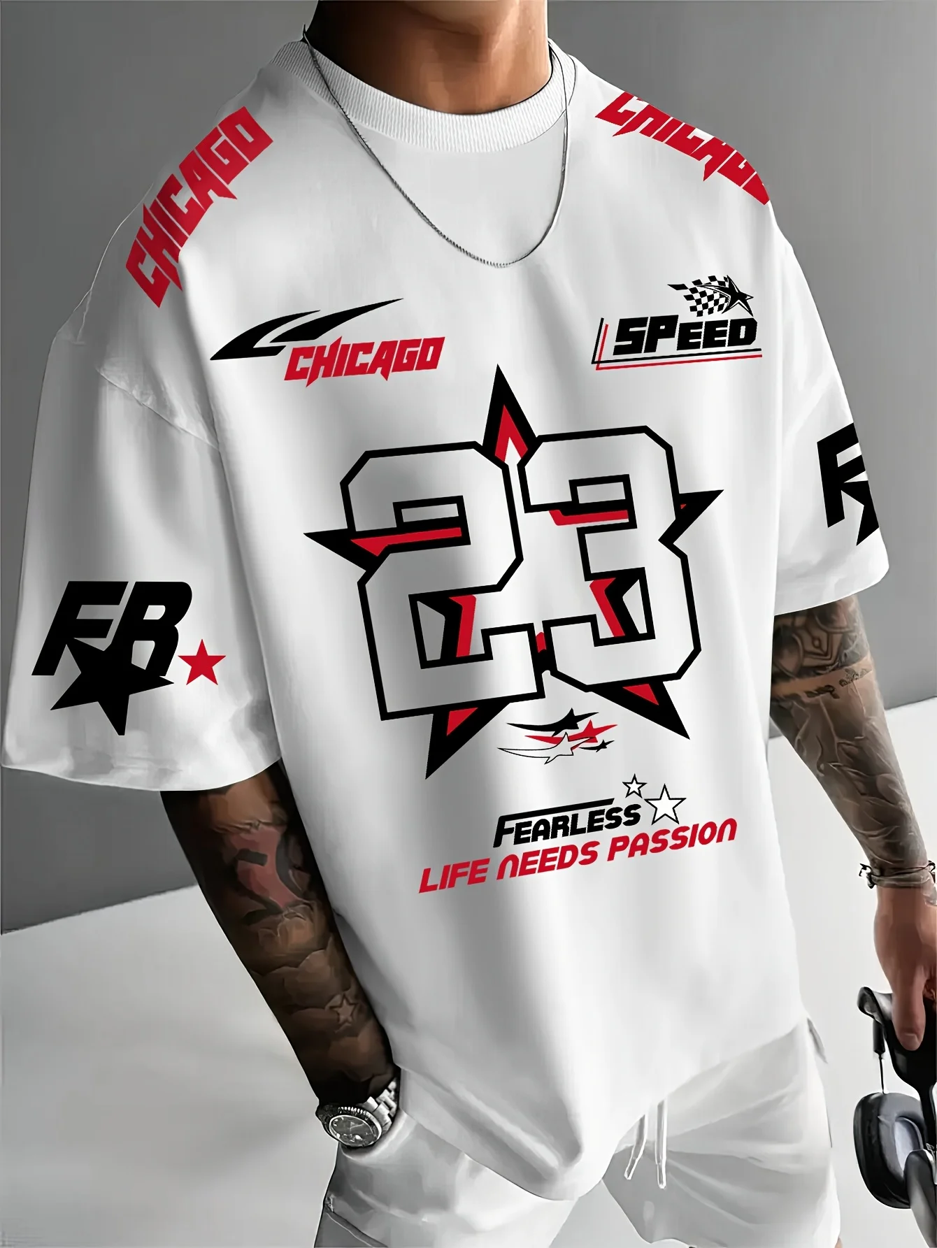Nueva camiseta informal transpirable con cuello redondo y estampado blanco y negro de Chicago para hombre de verano, Top holgado para exteriores
