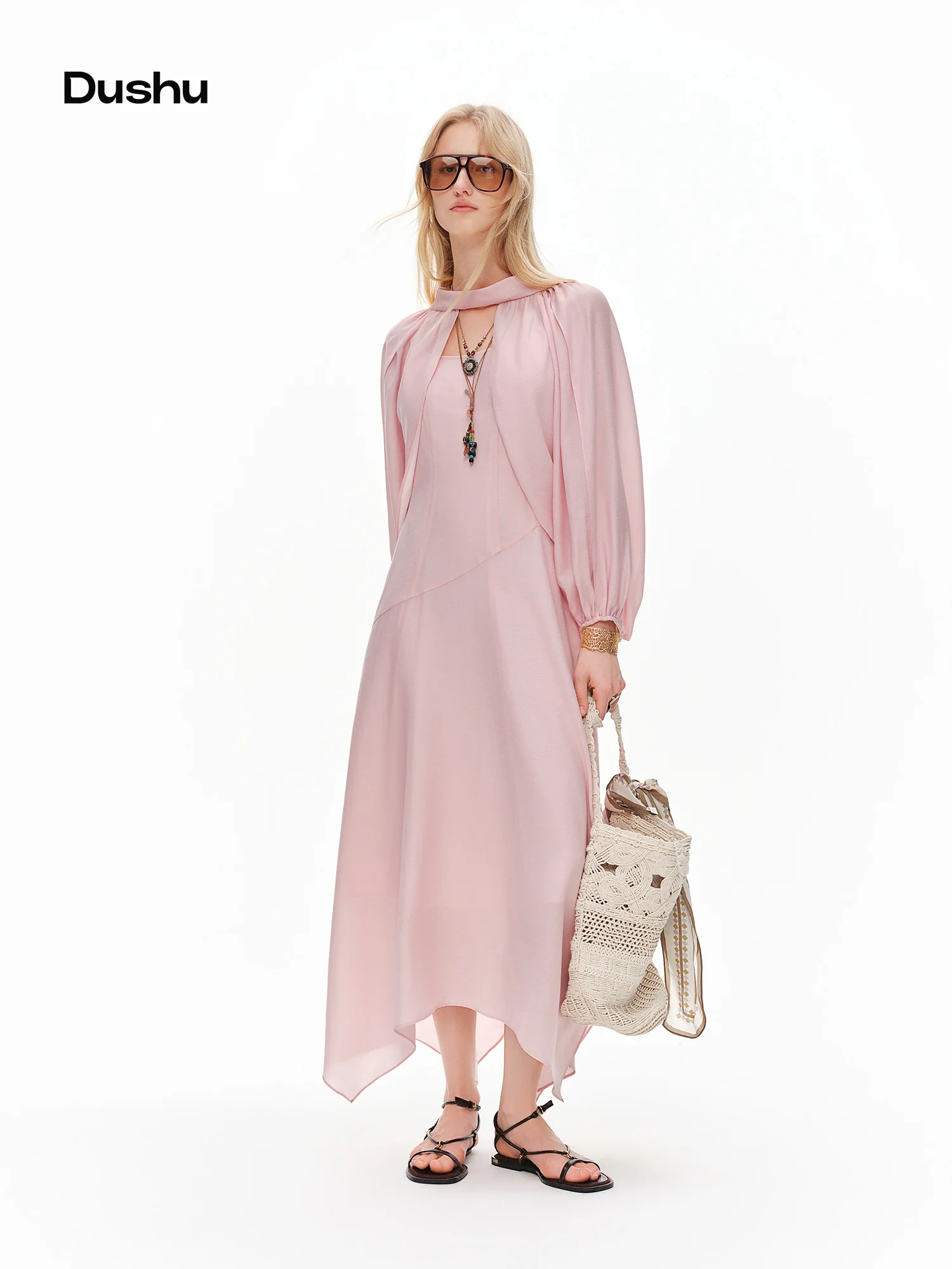 DUSHU 2026 New Summer Women‘s Acetate Blend Cape Dress, Flowy Scarf Detail Cinch-Waist Two Piece Set for Quiet Luxury Summer