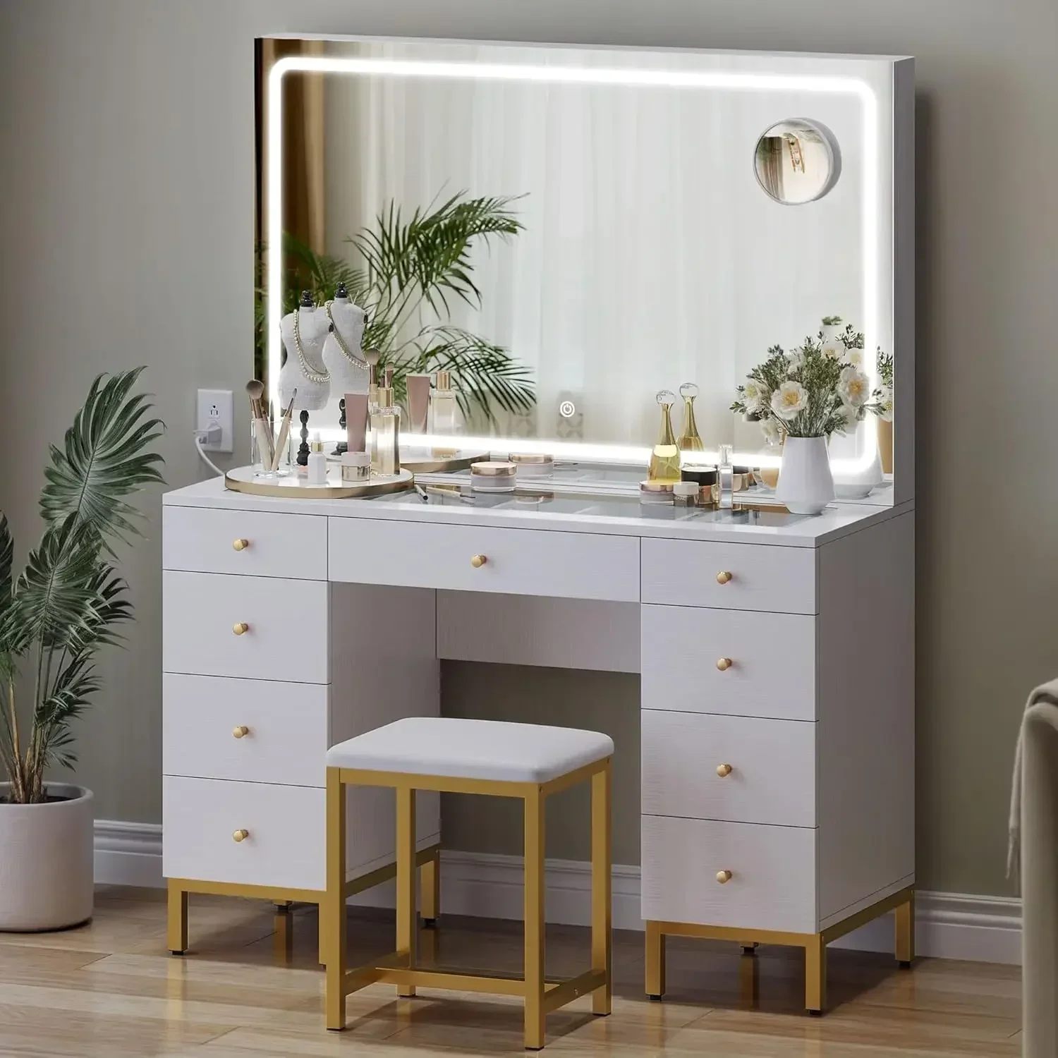 DWVO Vanity Desk bianco con ampio specchio, luci e stazione di ricarica - Set grande tavolo da trucco con lente d'ingrandimento