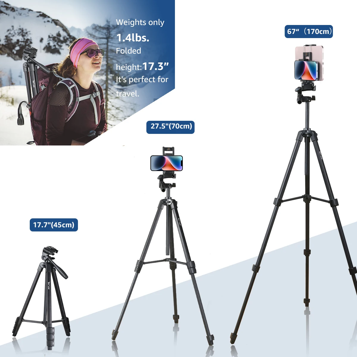 150cm Phone Tripod Camera Tripod for iPad Pro &  Alloy Tripod Stand Lightweight Bluetooth Remote & Tablet Holder for E-Book