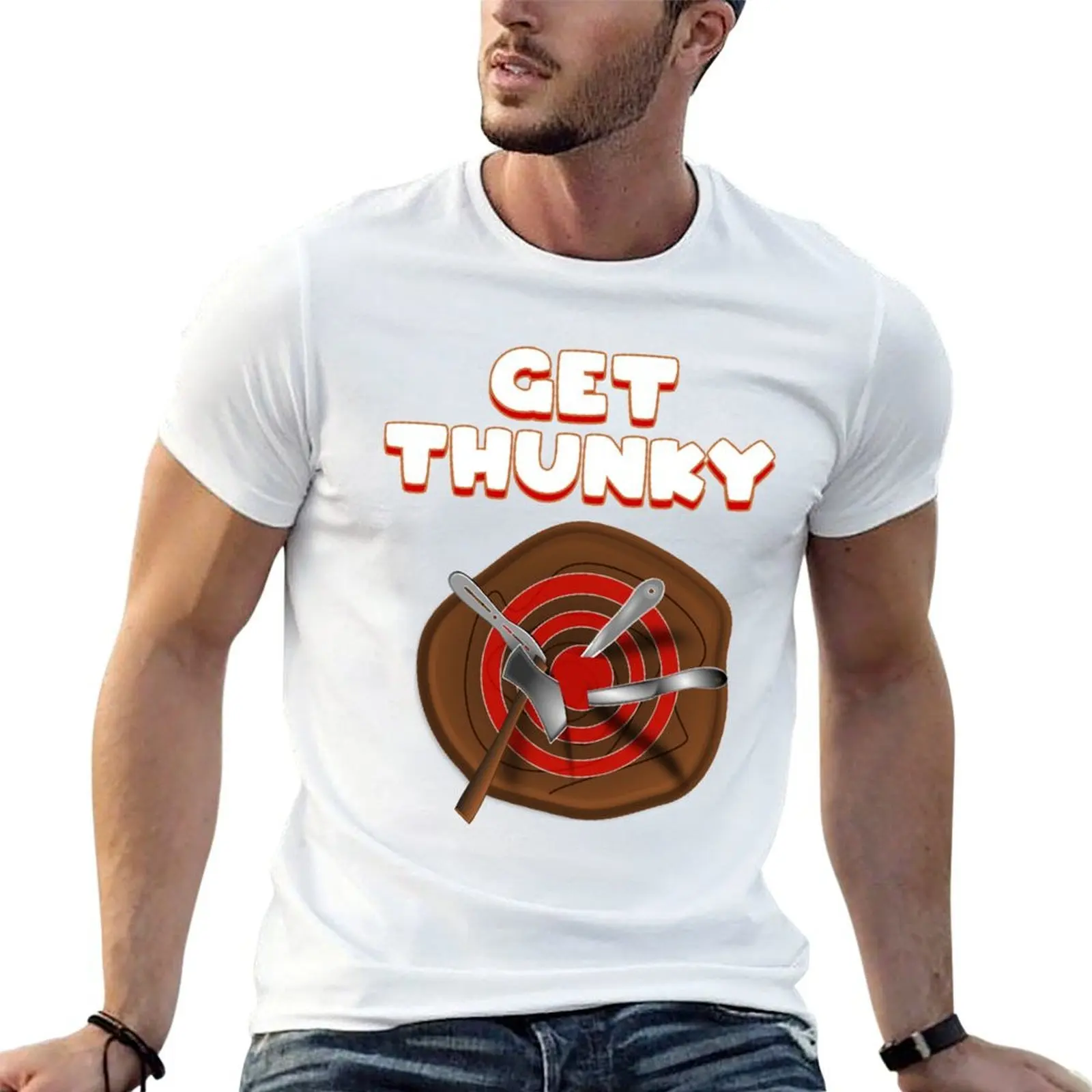 Get Thunky throwing stump throwing knives and axe T-Shirt Basic Solid Tee for Daily Use