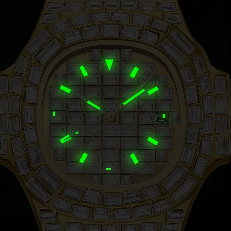 Luxury Man's Quartz Watches Diamond Studded Starry Sky Square Diamond Calendar Waterproof Luminous Watch Stainless Steel Strap