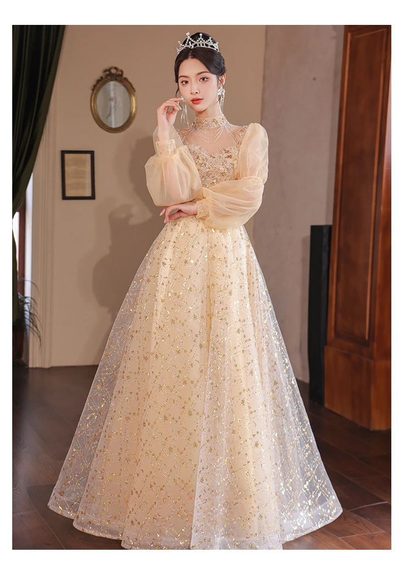 

Women's Champagne Golden Evening Dress 2025 New Light Luxury Beading Half Collar Prom Gown Appliques A-line Cocktail Vestidos