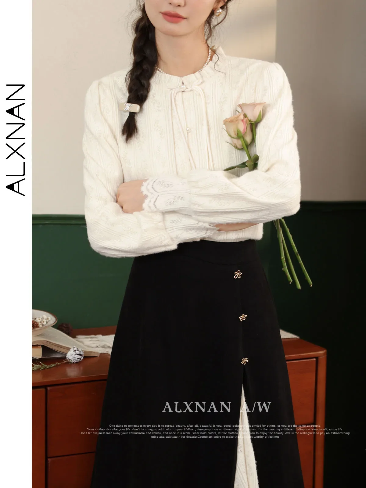 ALXNAN 여성용 프릴 칼라 랜턴 슬리브 진주 단추, 네오 차이니즈 스타일 셔츠, 여성 캐주얼 상의, 2024 가을 겨울, LXN32752