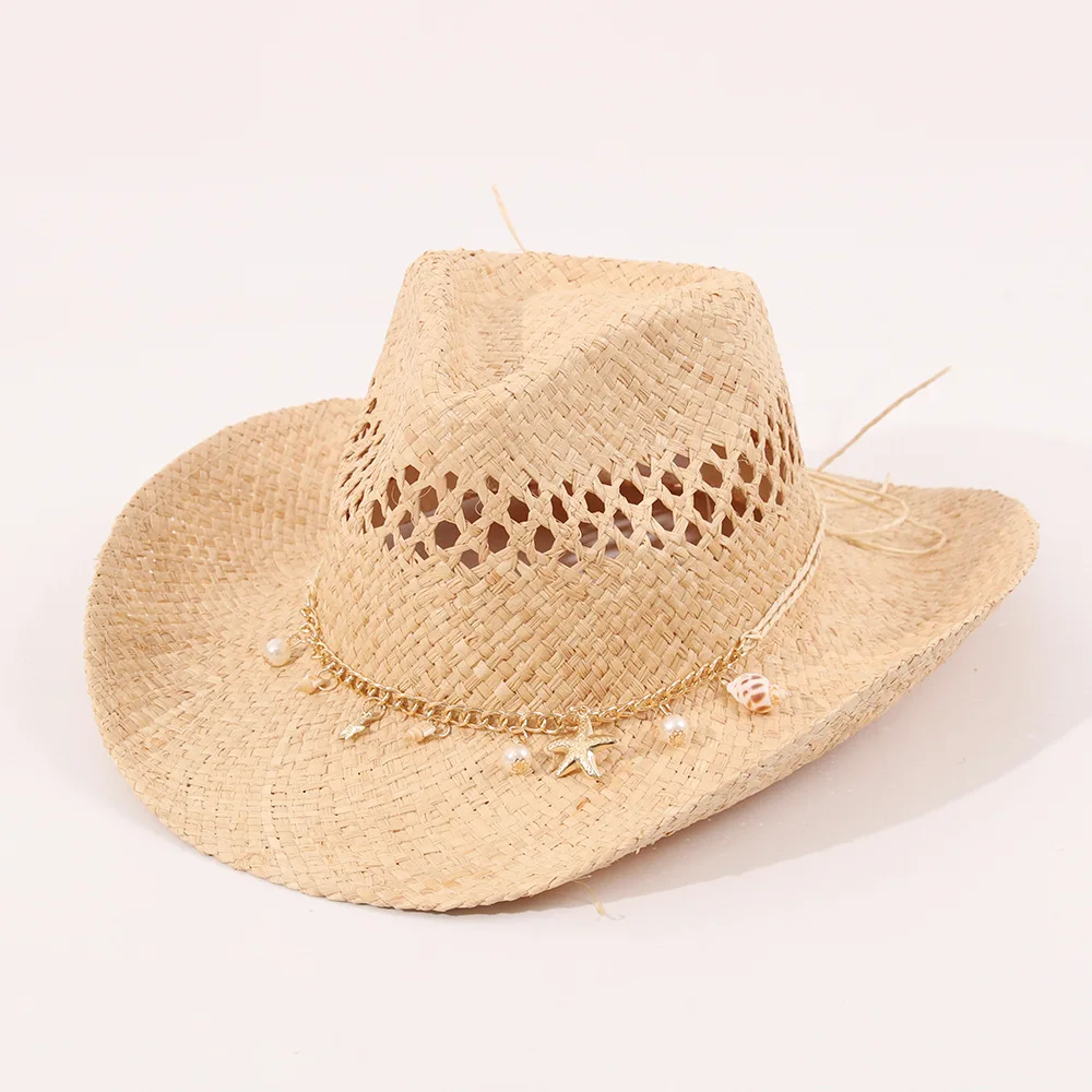 New Shell Decor Hollow Hand Woven Rafia Cowboy Hat, Outdoor Beach Vacation Sun Protection Straw Hat for Export