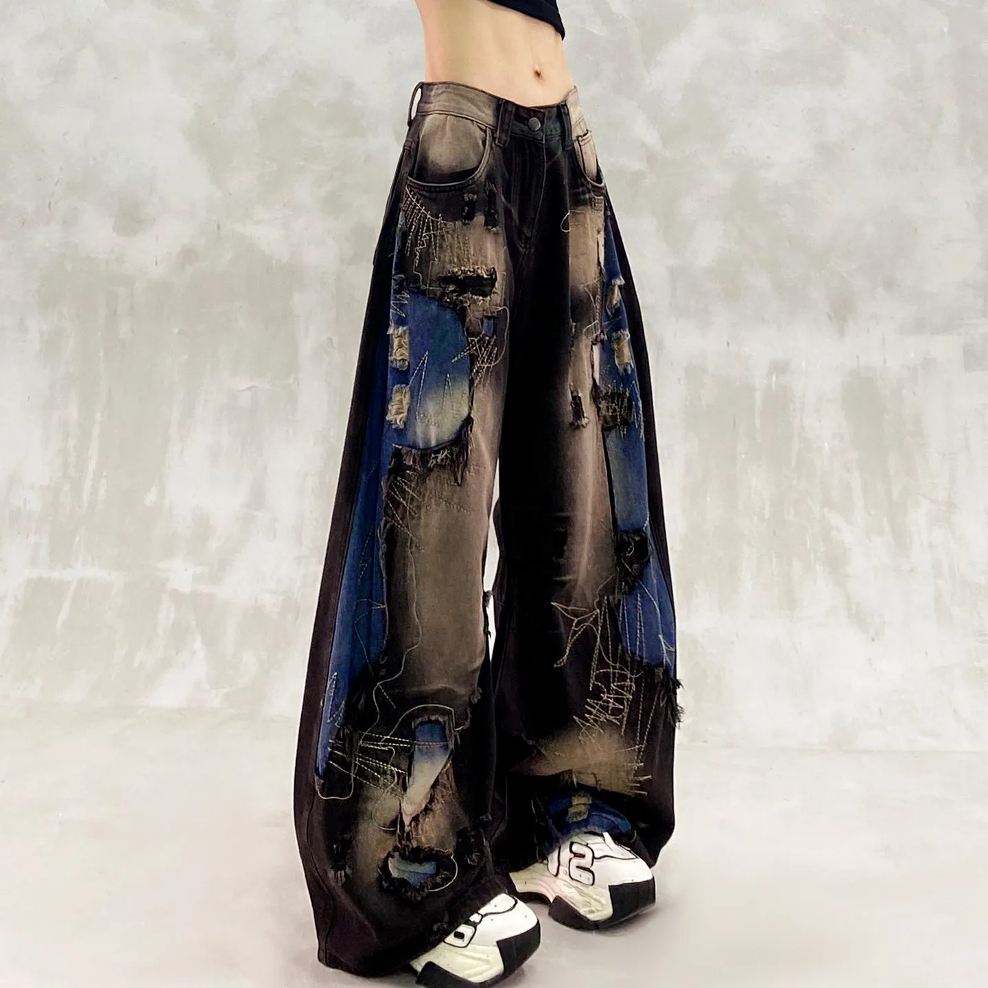 Womens Patchwork Ripped Jeans High Waist Wide Leg Denim Trousers Relaxed Straight Fit for Casual Summer Days and City Outfits