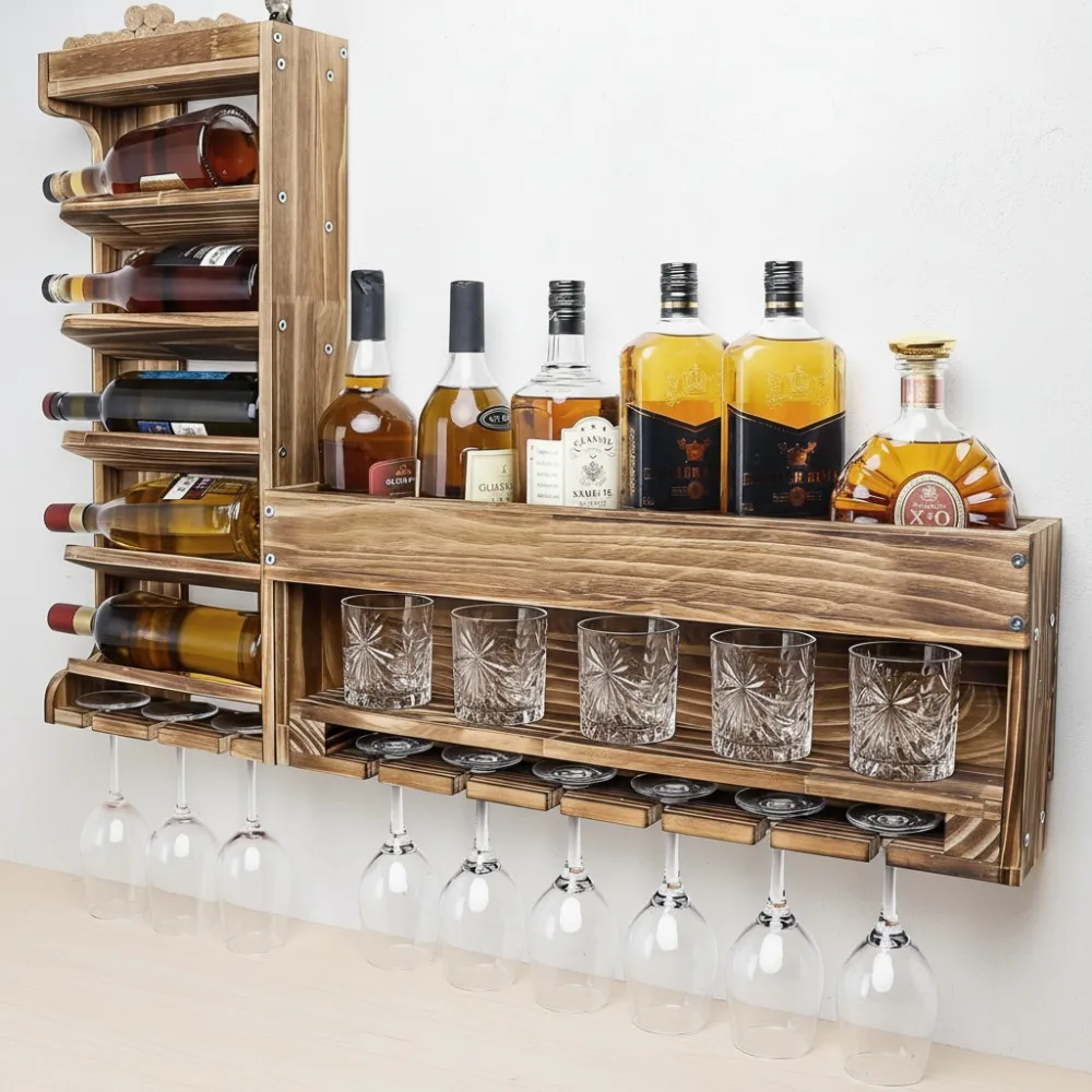 

Wall Mounted Wood Wine Rack with Bottle Glass Holder Rustic Storage Shelf for Home Bar Kitchen Decor