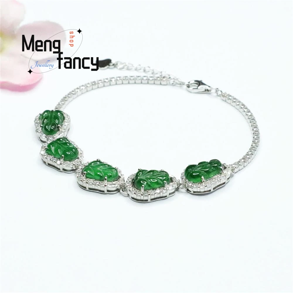 S925 Silver Lnlaid Natural Jadeite Ice Imperial Green Leaf Bracelet Exquisite Elegant Simple High-grade Luxury Quality Jewelry