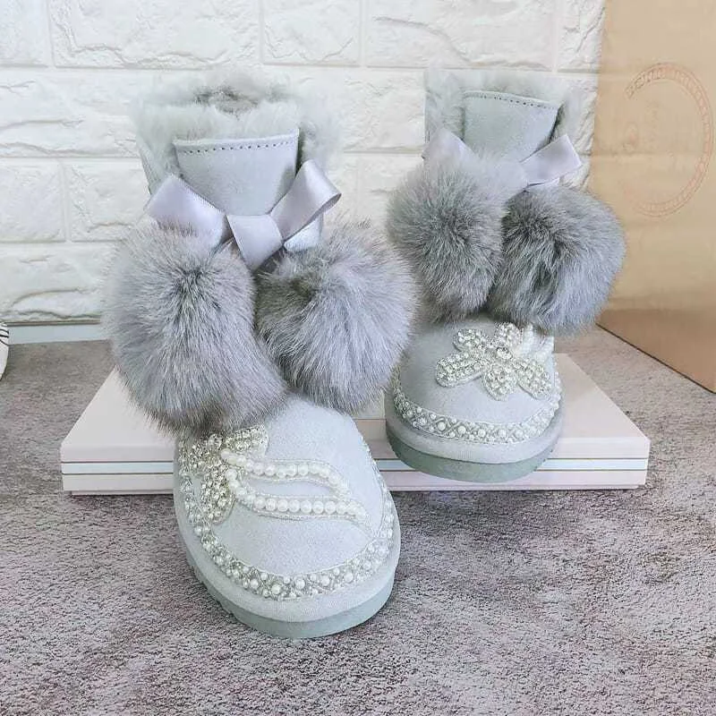 Handmade pearl rhindiamond accessories Banquet party Wedding Fur One Snow boots Fox Hairball strap mid-calf boots 35-40