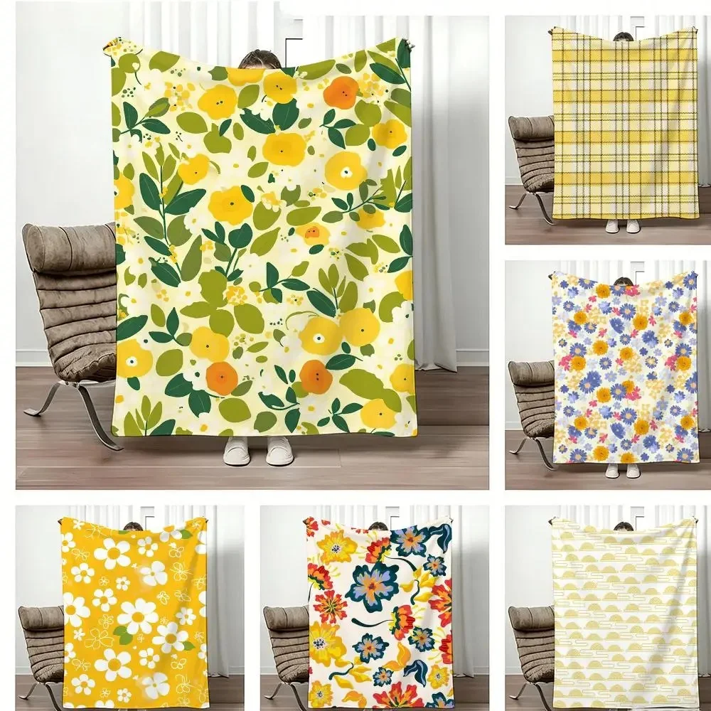 Yellow Plaid Checkered Flannel Throw Blanket Soft Lightweight Plush Blanket for Sofa Couch Bed All‑Season Home Decor Bedspread