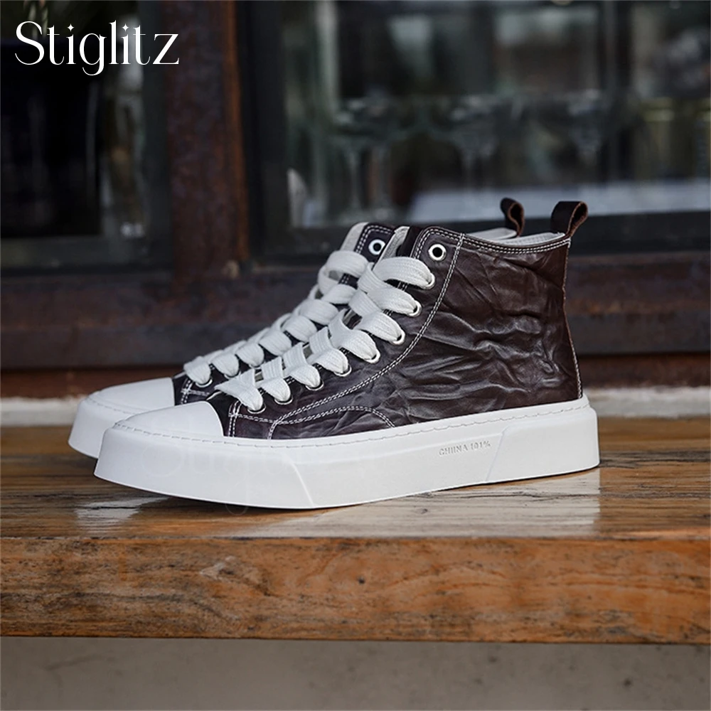 High-Top Genuine Leather Casual Shoes for Men Cowhide Lace-Up Business Casual Shoes Comfortable and Breathable Daily Footwear