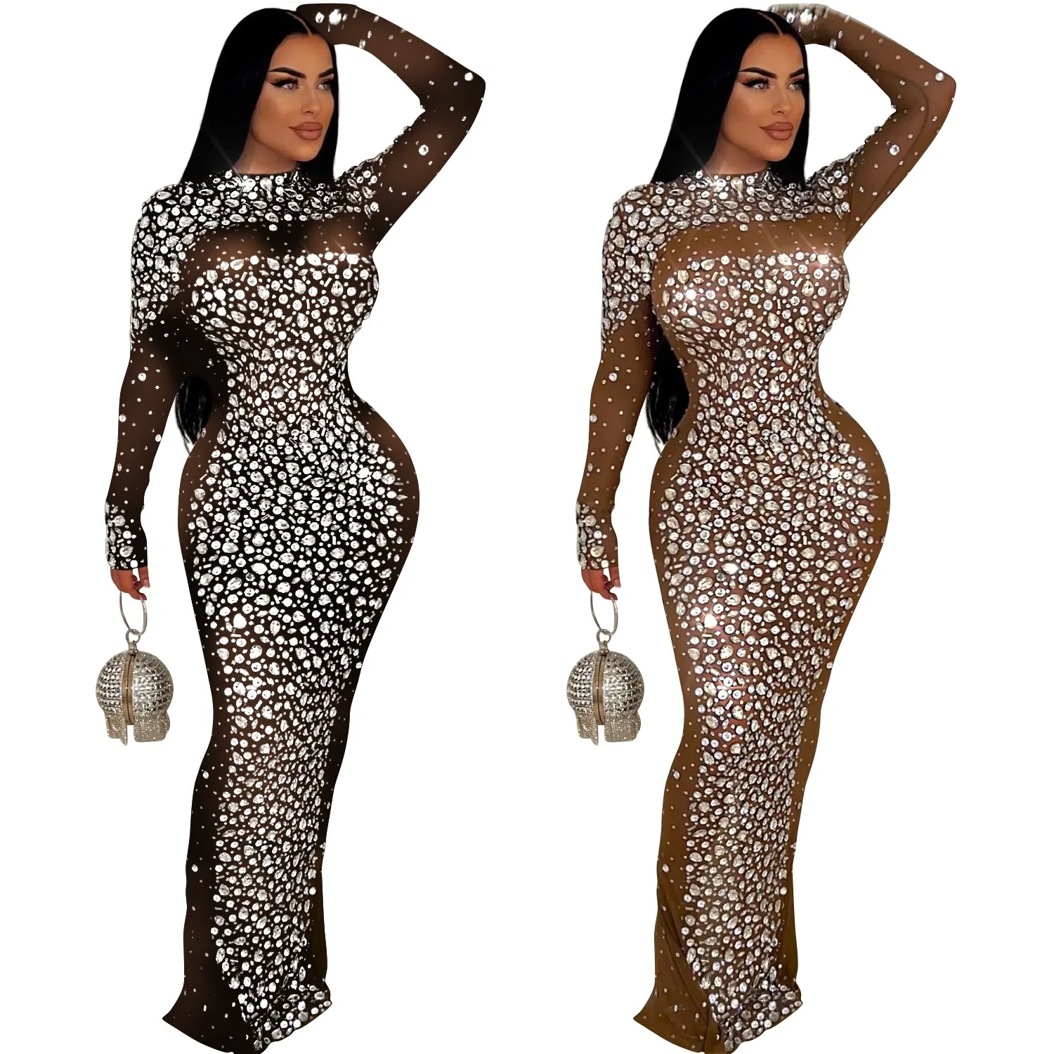 

Sexy Party Party Club Nightclub Banquet Solid Color Mesh Hot Drilling Long Sleeve Long Dresses
