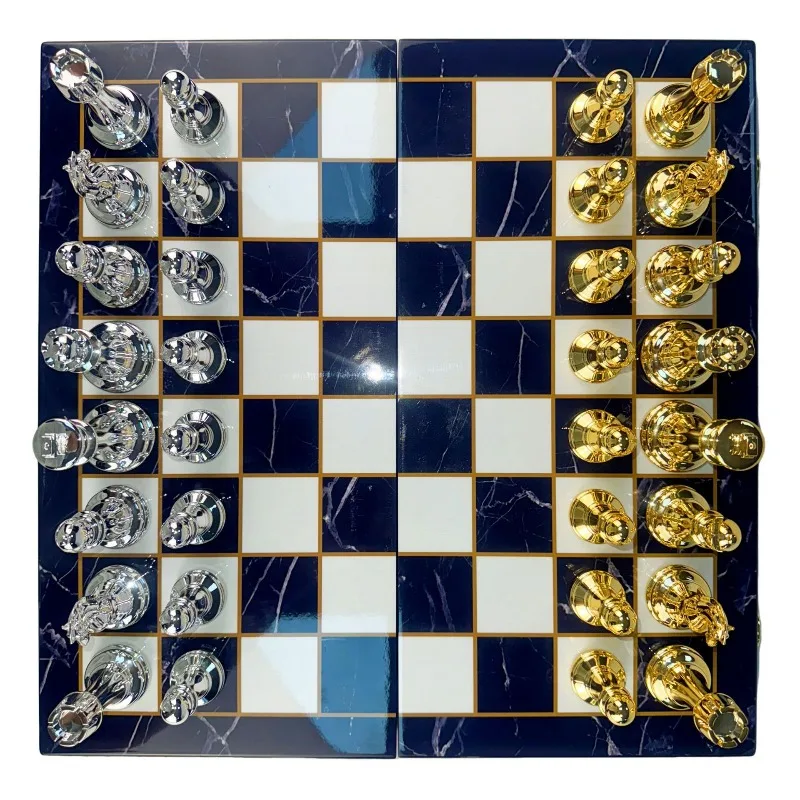 15-Inch Wooden Chess Set Portable Foldable Board Large Gold & Silver Pieces for Table Game