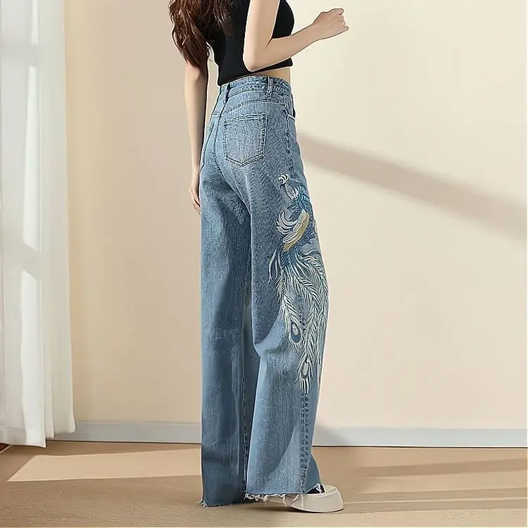 Jeans Phoenix Embroidery Chic Women Straight Leg Trousers Pearl Embellishment Women Graphic With Print Denim Summer Korean Style