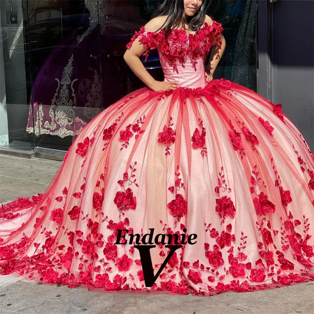 Vendanie Romantic Modern Ball Gowns Appliques Off the Shoulder 3-D Flowers Lacing up Draped for Women 15 Ans Quinceanera